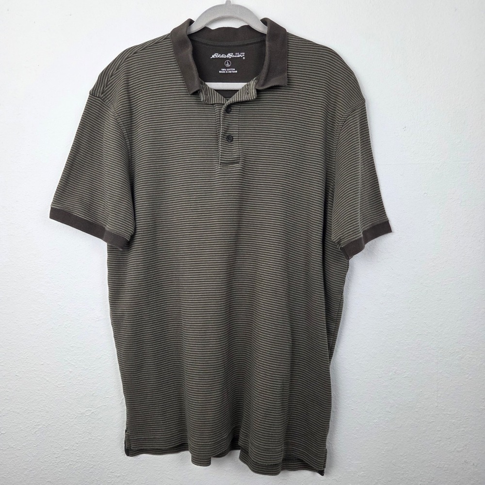 Eddie Bauer Polo Shirt Mens Large Tall Brown Striped Short Sleeve Cotton Casual